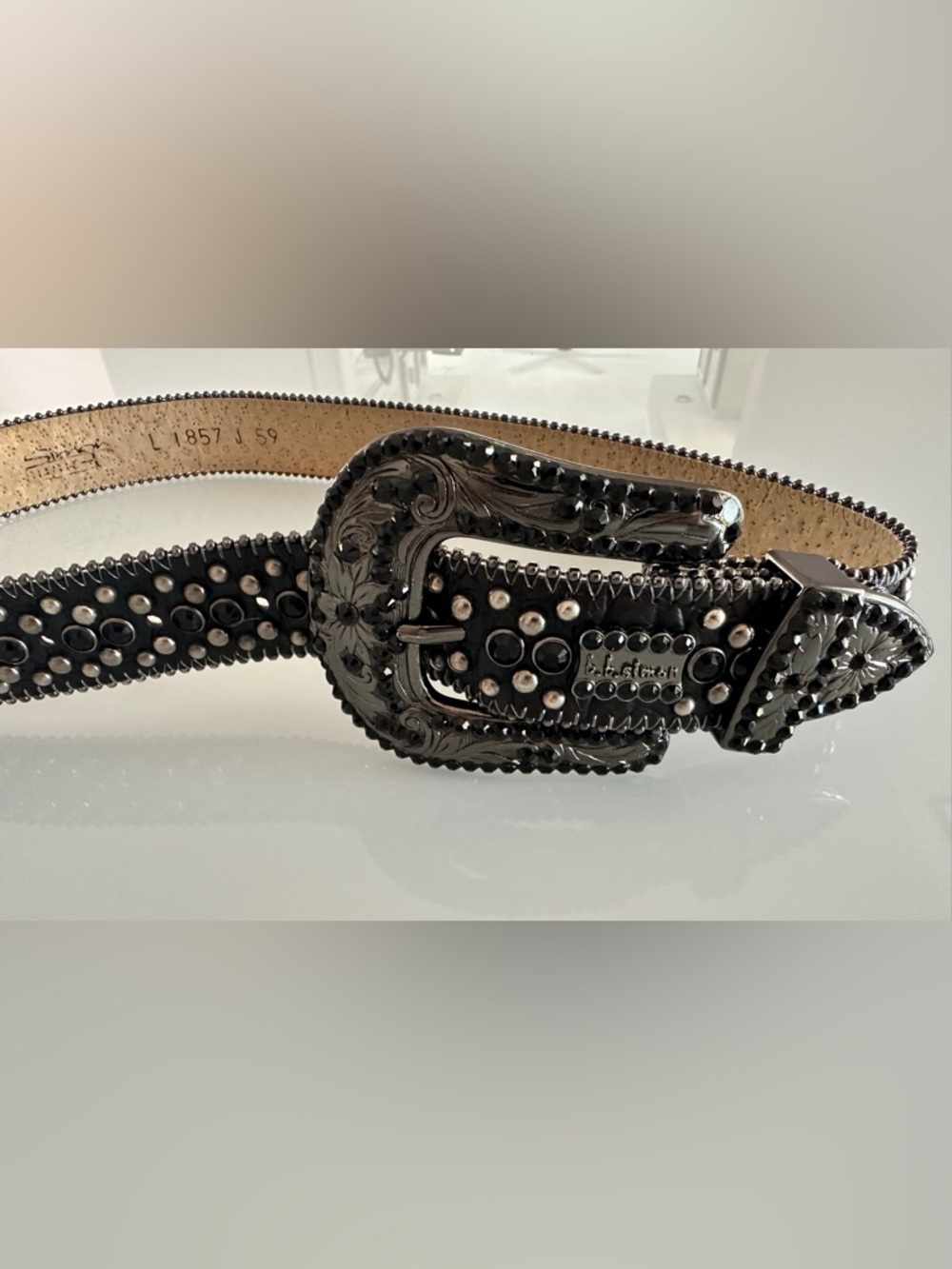 B.B Simon Western Black Italian Leather Silver Studded Swarovski Crystal Belt 36